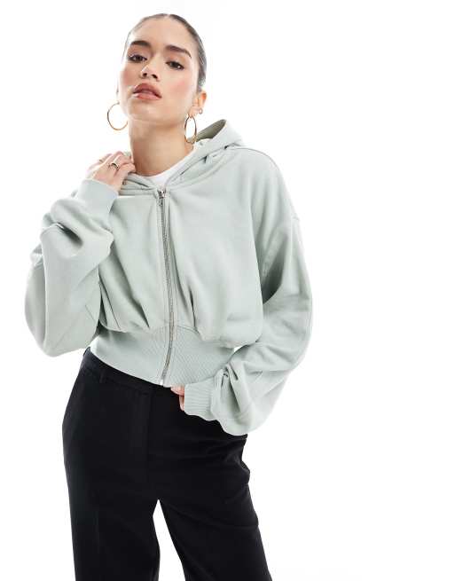 ASOS DESIGN - Sweat à capuche zippé à taille froncée - Vert délavé