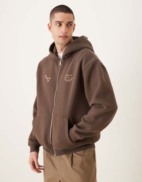 ASOS DESIGN - Sweat à capuche zippé décontracté à imprimé et coutures contrastantes - Marron - view 1