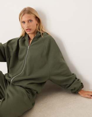 ASOS DESIGN - Sweat à capuche zippé d'ensemble avec ourlet à liens - Kaki-Vert