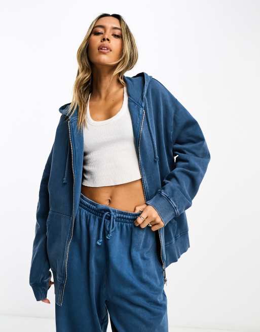 ASOS DESIGN - Sweat à capuche zippé d'ensemble - Bleu jean délavé