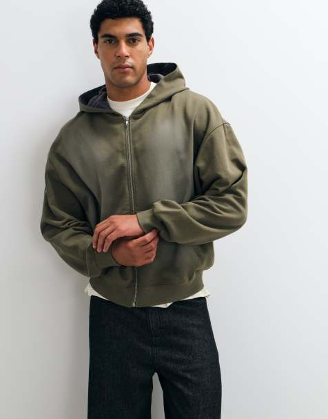 ASOS DESIGN sweat à capuche zippé oversize à coupe carrée avec doublure de capuche contrastante et effet spray, kaki - kaki - view 1