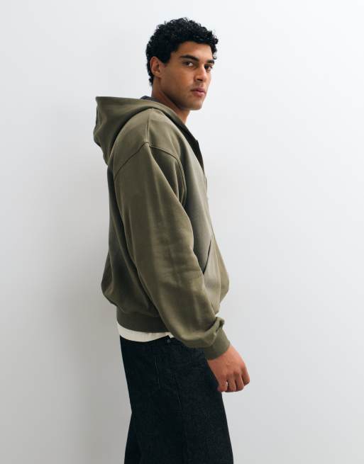 ASOS DESIGN sweat à capuche zippé oversize à coupe carrée avec doublure de capuche contrastante et effet spray, kaki - kaki, 3 de 5