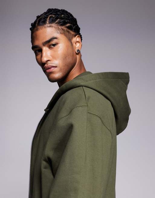 ASOS DESIGN - Sweat à capuche zippé oversize en tissu épais 400 g/m² de qualité supérieure - Kaki, 4 de 5