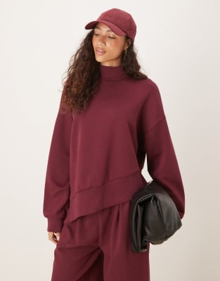 Sweat à col cheminée en maille interlock avec ourlet asymétrique - Prune-Violet S
