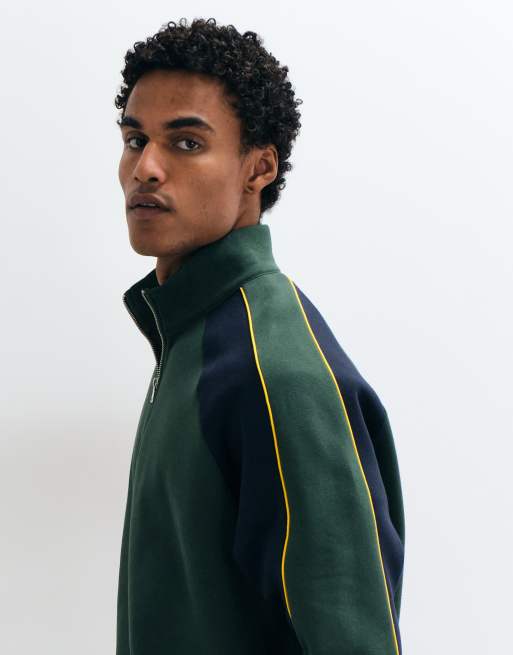 ASOS DESIGN sweat à demi-zip coupe décontractée avec empiècements coupés-cousus et passepoil vert, 3 de 5