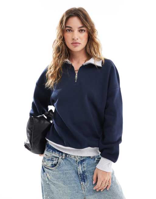 ASOS DESIGN - Sweat à enfiler avec détails contrastants et col zippé - Bleu marine