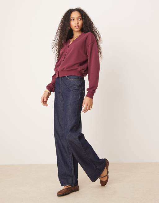 ASOS DESIGN sweat cardigan co ord top in burgundy, 4 of 4