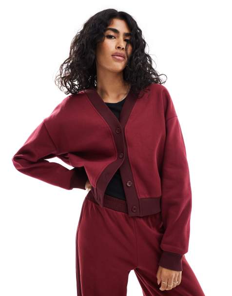 ASOS DESIGN sweat cardigan in burgundy - part of a set - view 1