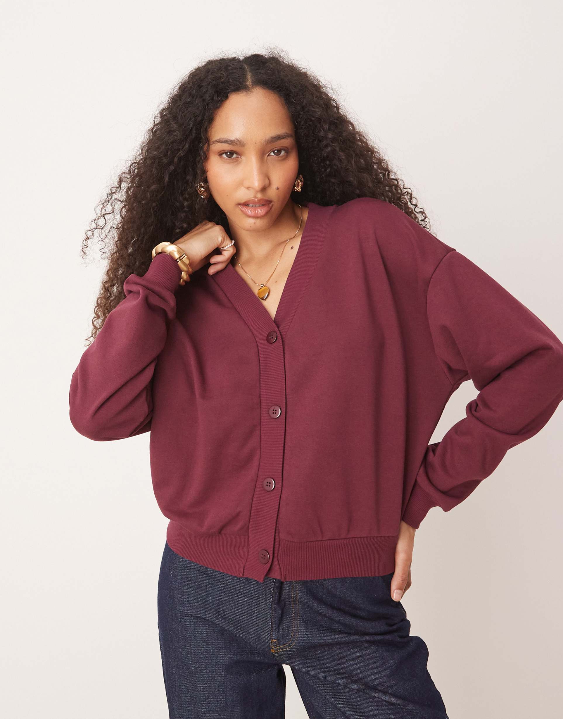 asos design sweat cardigan top in burgundy - part of a set