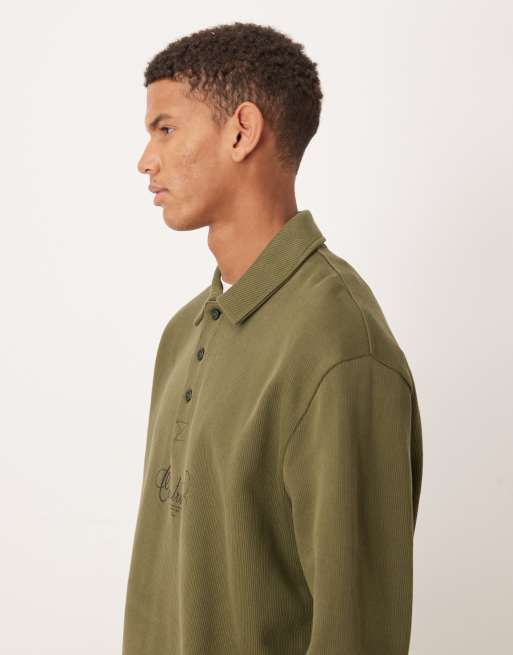 ASOS DESIGN - Sweat côtelé à col polo avec inscription et étiquette logo - Kaki, 4 de 5