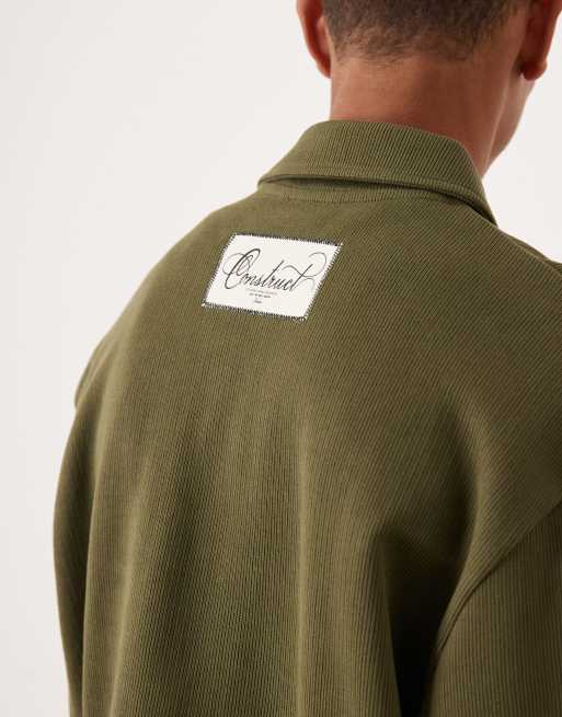 ASOS DESIGN - Sweat côtelé à col polo avec inscription et étiquette logo - Kaki, 5 de 5