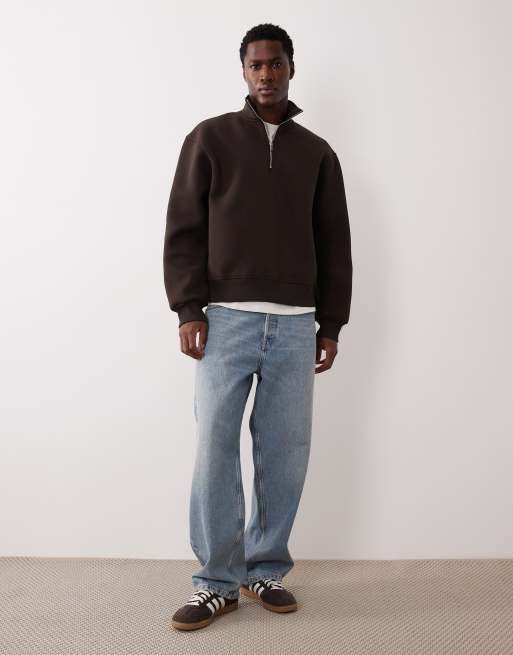 ASOS DESIGN - Sweat coupe carrée à col zippé en tissu épais imitation néoprène - Marron, 2 de 5