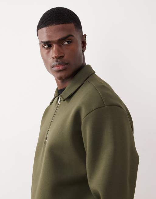 ASOS DESIGN - Sweat coupe carrée décontractée à col zippé en tissu imitation néoprène épais - Kaki, 4 de 5