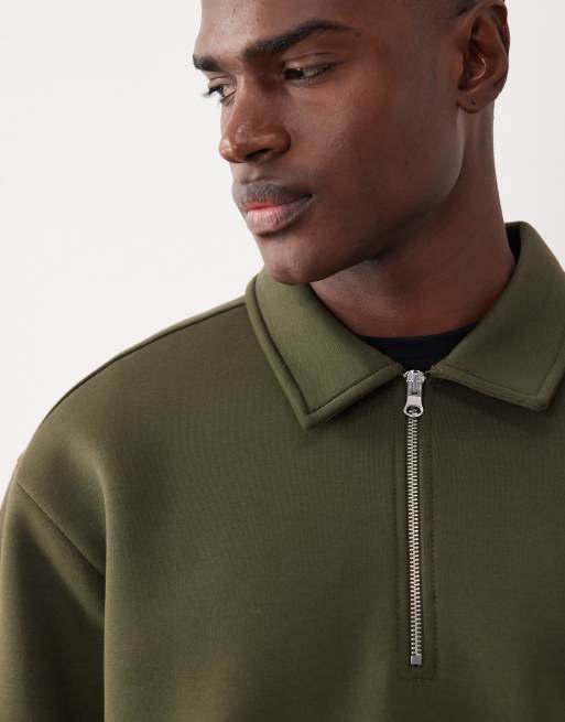 ASOS DESIGN - Sweat coupe carrée décontractée à col zippé en tissu imitation néoprène épais - Kaki, 5 de 5