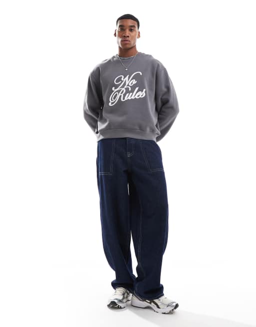 ASOS DESIGN - Sweat coupe carrée oversize avec broderie en point de chaînette - Anthracite