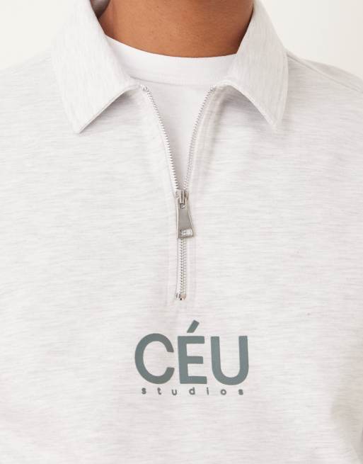 ASOS DESIGN - Sweat coupe classique en tissu style néoprène à col zippé avec imprimé - Gris chiné, 5 de 5