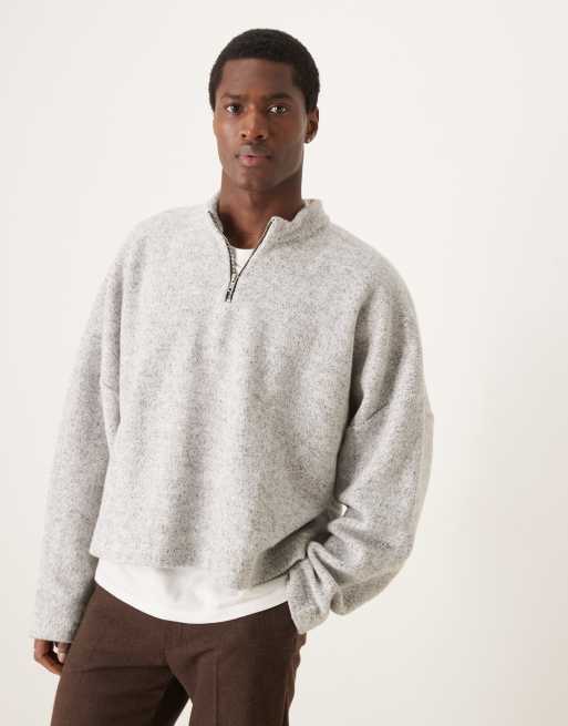 ASOS DESIGN - Sweat court oversize effet brossé à épaules tombantes et col cheminée - Gris chiné