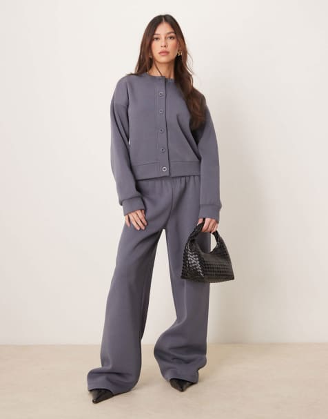 ASOS DESIGN sweat crew neck cardigan and jogger co ord in charcoal - view 1