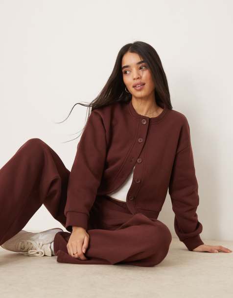 ASOS DESIGN sweat crew neck cardigan and jogger co ord in chocolate - view 1