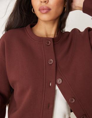 ASOS DESIGN sweat crew neck cardigan co ord in chocolate