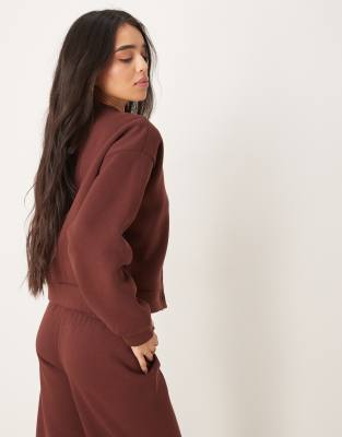 ASOS DESIGN sweat crew neck cardigan co ord in chocolate