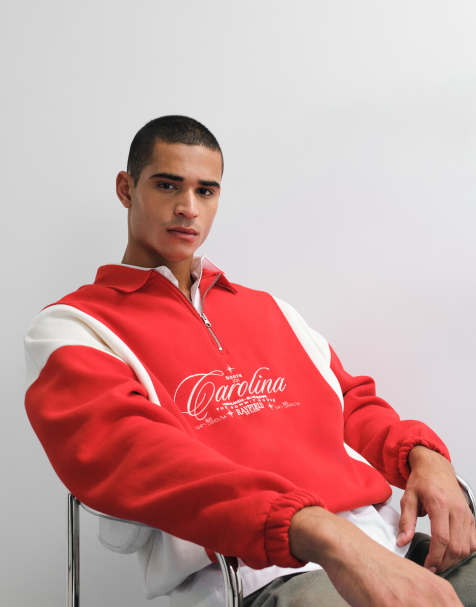 ASOS DESIGN - Sweat décontracté à col zippé avec empiècements effet coupés-cousus et imprimé brodé - Rouge - view 1