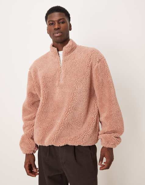 ASOS DESIGN - Sweat décontracté à col zippé en imitation peau de mouton - Rose - view 1