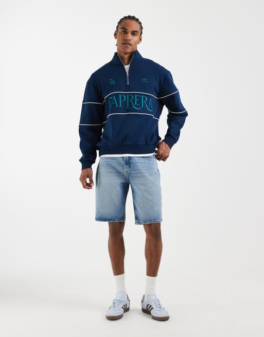 ASOS DESIGN - Sweat décontracté brodé à imprimé avec liserés et col zippé - Bleu marine, 2 de 5