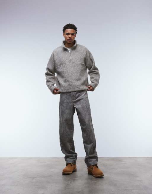 ASOS DESIGN - Sweat décontracté coupe carrée en imitation peau de mouton à col cheminée zippé - Beige chiné, 2 de 5