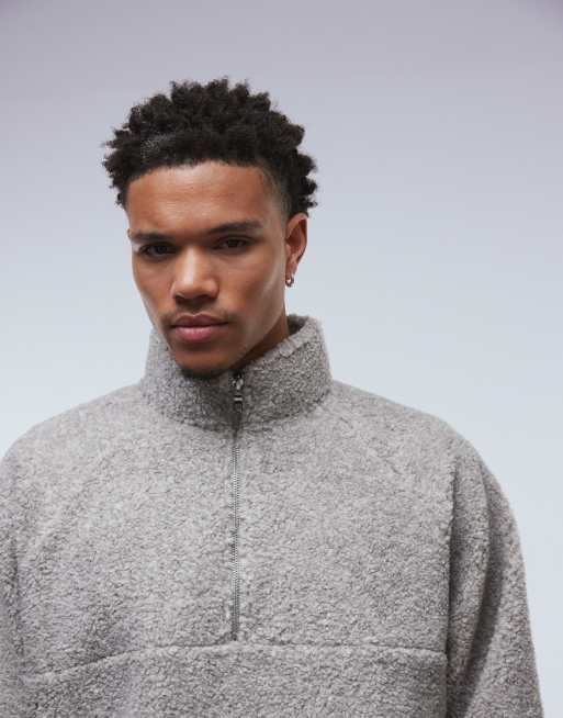ASOS DESIGN - Sweat décontracté coupe carrée en imitation peau de mouton à col cheminée zippé - Beige chiné, 5 de 5