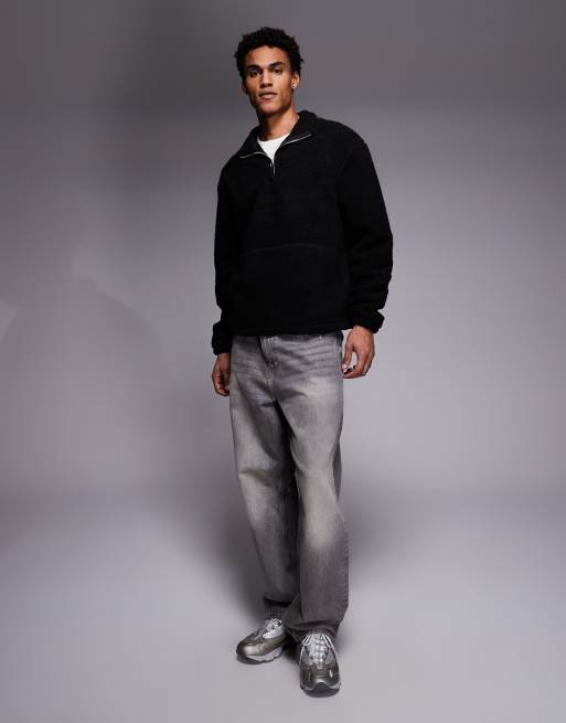 ASOS DESIGN - Sweat décontracté en imitation peau de mouton zippé à col cheminée et liseré - Noir , 2 de 5
