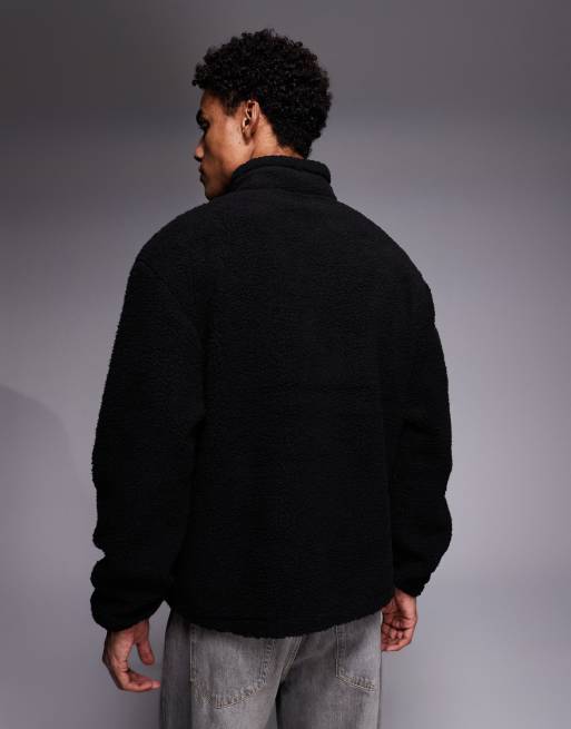 ASOS DESIGN - Sweat décontracté en imitation peau de mouton zippé à col cheminée et liseré - Noir , 3 de 5