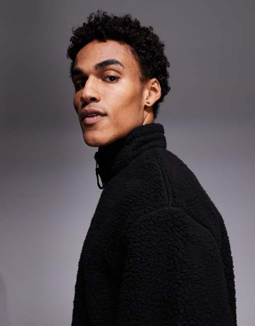 ASOS DESIGN - Sweat décontracté en imitation peau de mouton zippé à col cheminée et liseré - Noir , 4 de 5