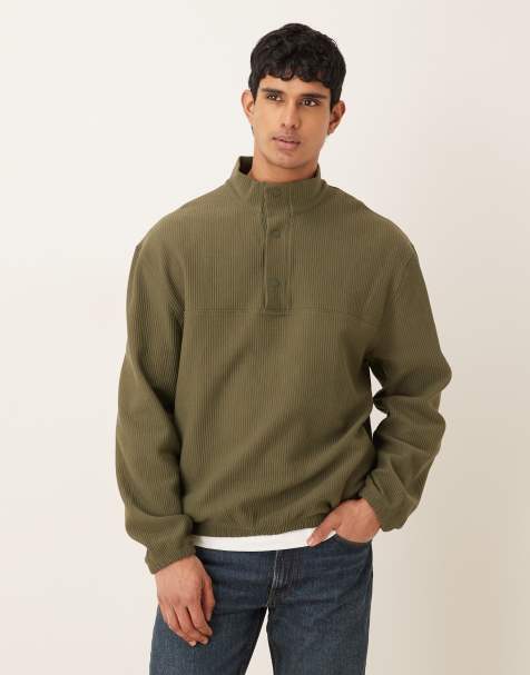 ASOS DESIGN - Sweat décontracté en tissu côtelé avec col cheminée - Kaki - view 1