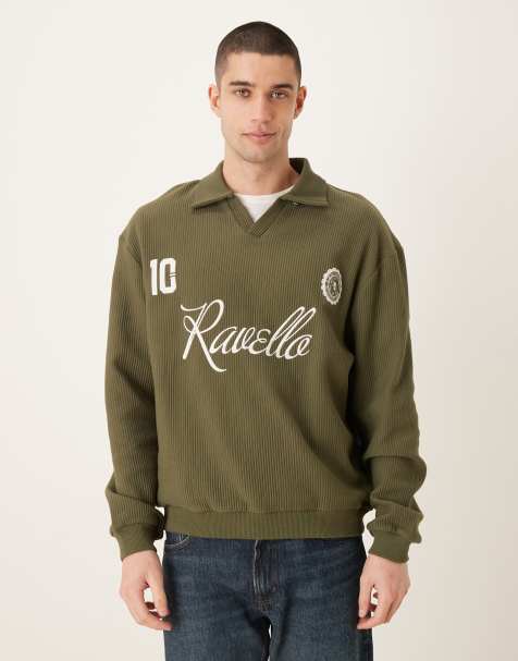 ASOS DESIGN - Sweat décontracté et côtelé à col polo à encoche et imprimé devant - Vert - view 1