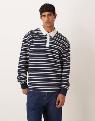 ASOS DESIGN - Sweat décontracté rayé à col polo style rugby - Blanc et bleu marine