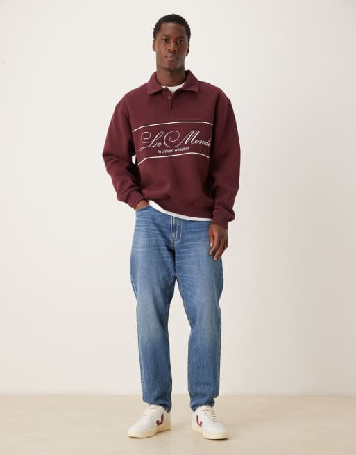 ASOS DESIGN - Sweat décontracté style polo à liserés et broderie - Bordeaux, 2 de 5