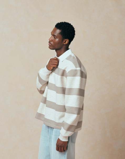 ASOS DESIGN - Sweat décontracté style polo à rayures - Grège chiné - view 1