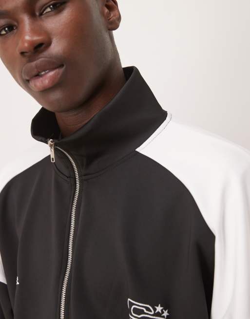 ASOS DESIGN - Sweat d'ensemble en tissu style néoprène coupe carrée oversize avec col cheminée et imprimé - Noir, 2 de 4