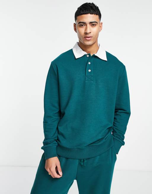 ASOS DESIGN - Sweat d'ensemble oversize style rugby à col polo - Vert