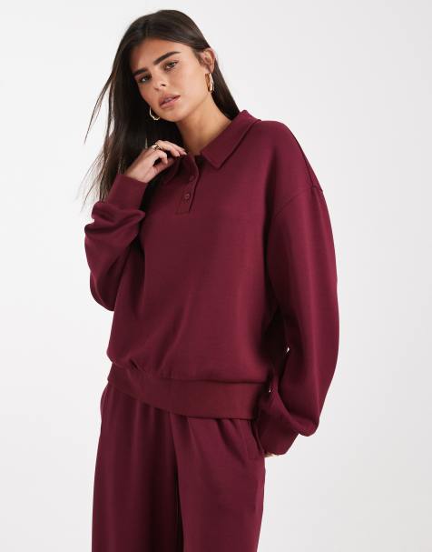 ASOS DESIGN - Sweat en cupro doux à col boutonné - Bordeaux - view 1