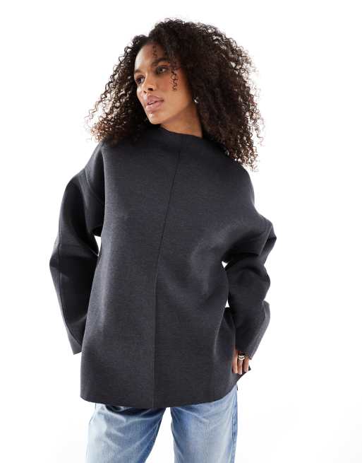 ASOS DESIGN - Sweat en néoprène à manches longues larges et fente latérale - Anthracite