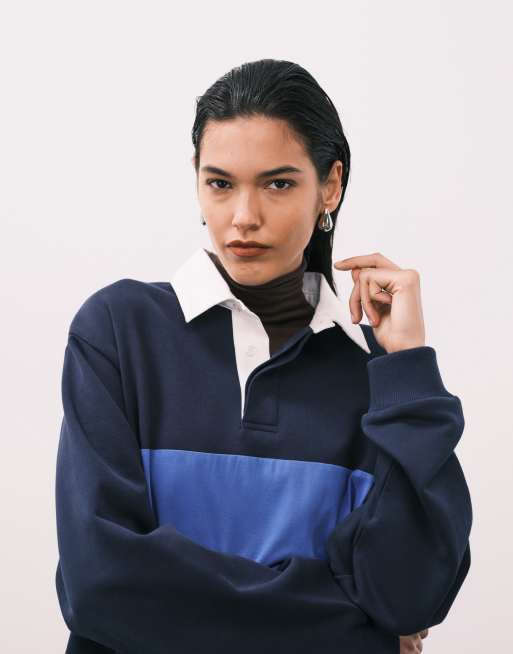 ASOS DESIGN - Sweat épais style rugby à col polo et bande bleue - Bleu marine, 4 de 4
