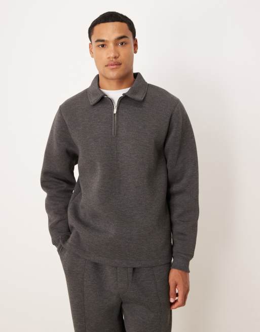 ASOS DESIGN - Sweat façon néoprène coupe classique à col zippé - Anthracite chiné