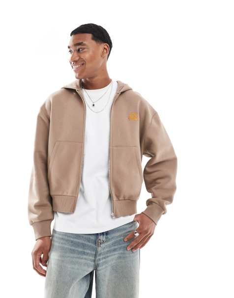 ASOS DESIGN - Sweat imprimé à capuche oversize coupe carrée à fermeture éclair - Beige - view 1