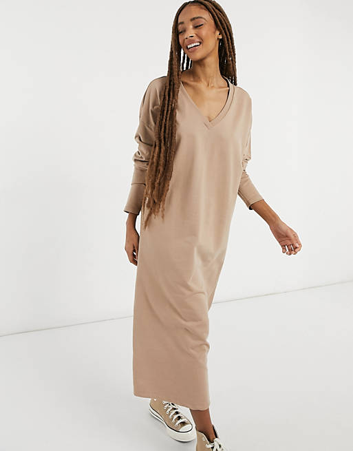 Dresses sweat midi dress with v neck in camel 