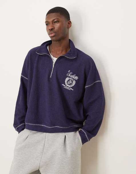 ASOS DESIGN - Sweat oversize à col cheminée et épaules tombantes avec broderie - Bleu marine - view 1