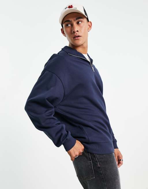 ASOS DESIGN - Sweat oversize à col zippé - Bleu marine