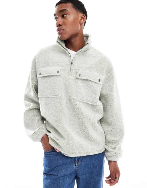 ASOS DESIGN - Sweat oversize à col zippé en imitation peau de mouton - Vert