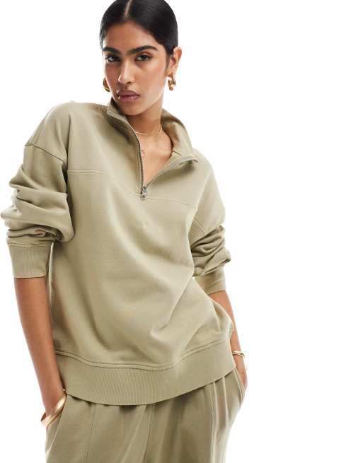 ASOS DESIGN - Sweat oversize à col zippé - Kaki délavé